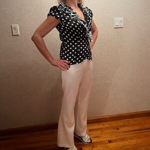 Cache Elegant White Silky Women's Pants with the beautiful polkadot silky top.